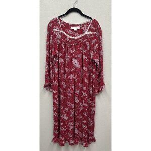 Eileen West Floral Midi Nightgown Medium Red Long Sleeve Valentines Cottagecore
